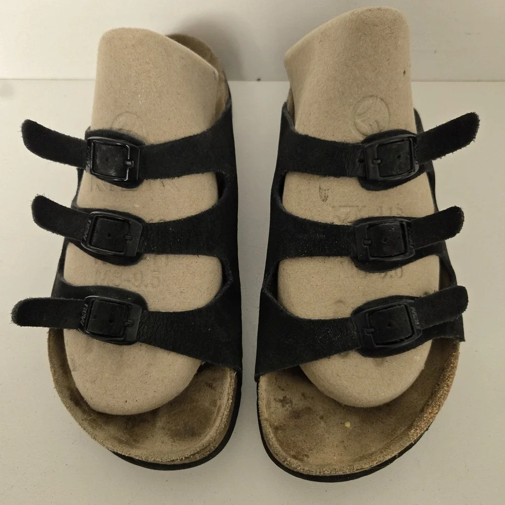 Birkenstocks Newalk Women's Size 7.5 38 Black Leather Suede Triple Strap Sandals - Picture 2 of 9